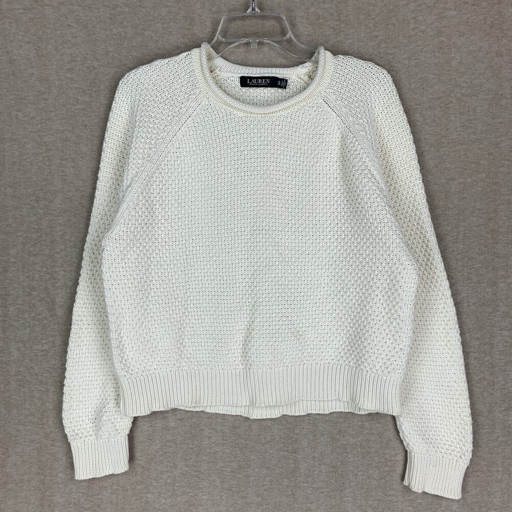 Lauren Ralph Lauren Roll Neck Sweater XL Cotton Ivory Chunky Knit Fisherman